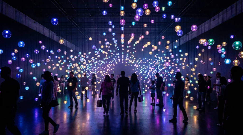 Silhouettes of visitors walking through an immersive art installation featuring glowing, colorful spherical lights suspended from the ceiling and reflecting off a dark floor.