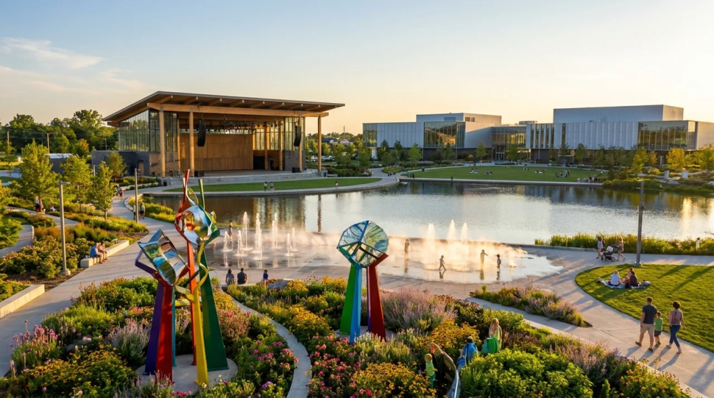 Scenic view of the Scottsdale Civic Center grounds featuring colorful outdoor art sculptures, paved walking paths, fountains, grassy lawns, and modern cultural buildings under a bright sky.