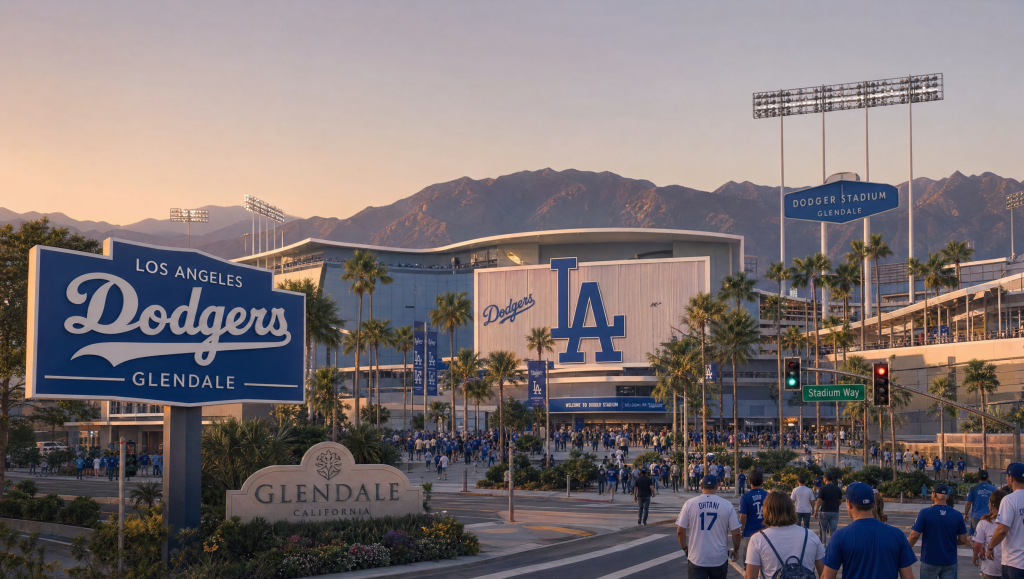 Exterior view of the Los Angeles Dodgers stadium and entrance complex in Glendale, California, featuring large "Dodgers" and "LA" logo signage, palm trees, mountains in the background, and baseball fans walking toward the main gates.
