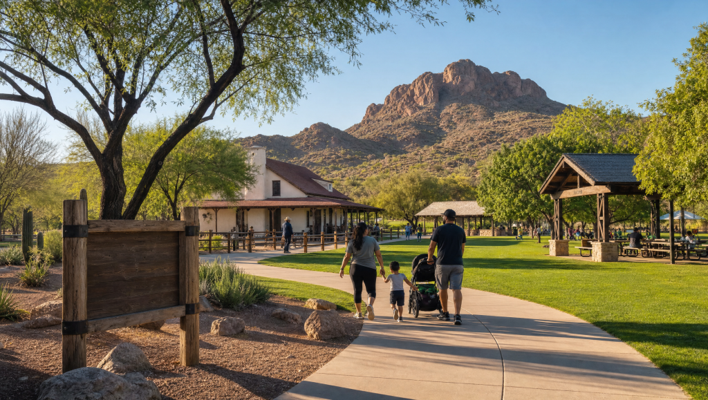 A family with a child in a stroller walking along a paved path at a sunny park in Glendale, AZ, featuring a historic building, picnic shelter, and desert mountains in the background.