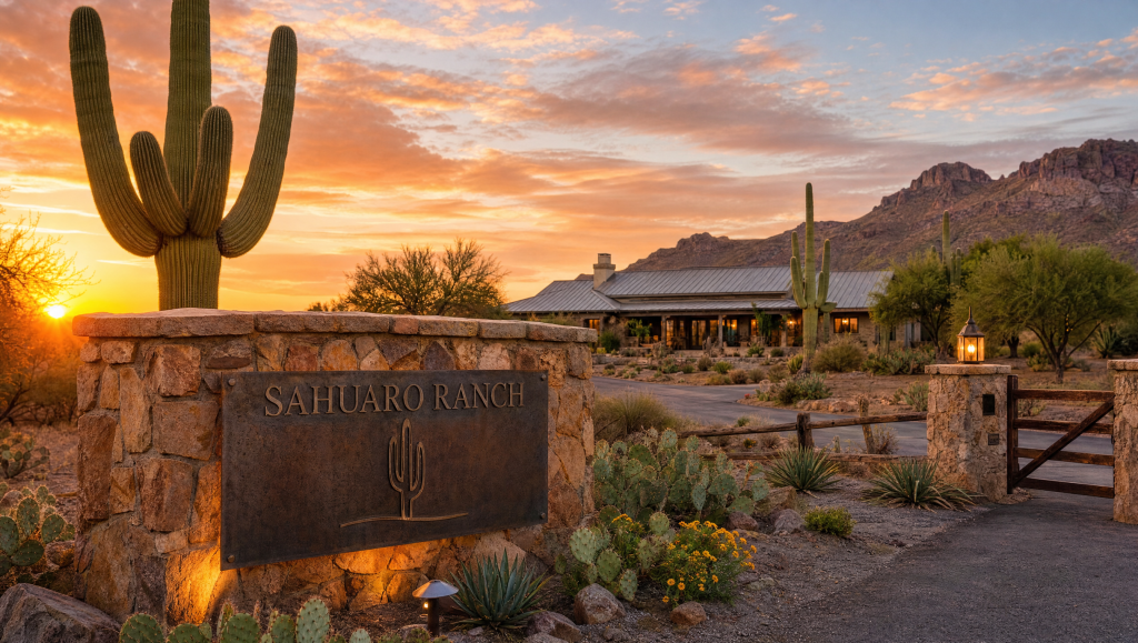 Desert landscape at sunset featuring a stone sign for Sahuaro Ranch topped with a large saguaro cactus, next to a ranch gate and a building with mountains rising in the distance.