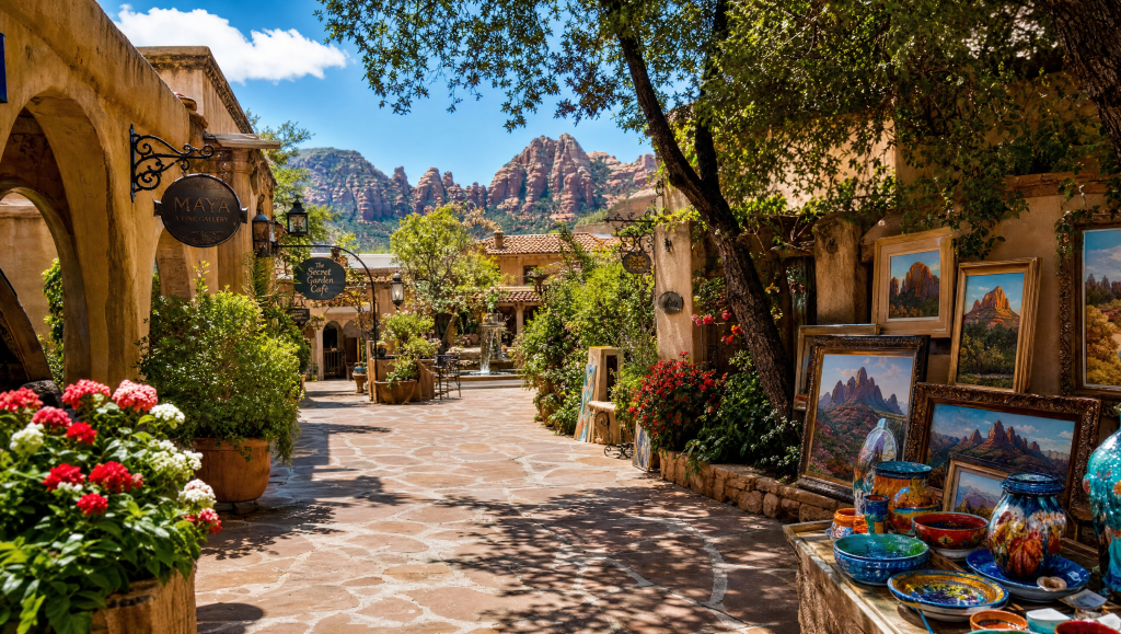 Spanish colonial architecture and landscaped courtyard at Tlaquepaque Arts & Shopping Village in Sedona, Arizona.