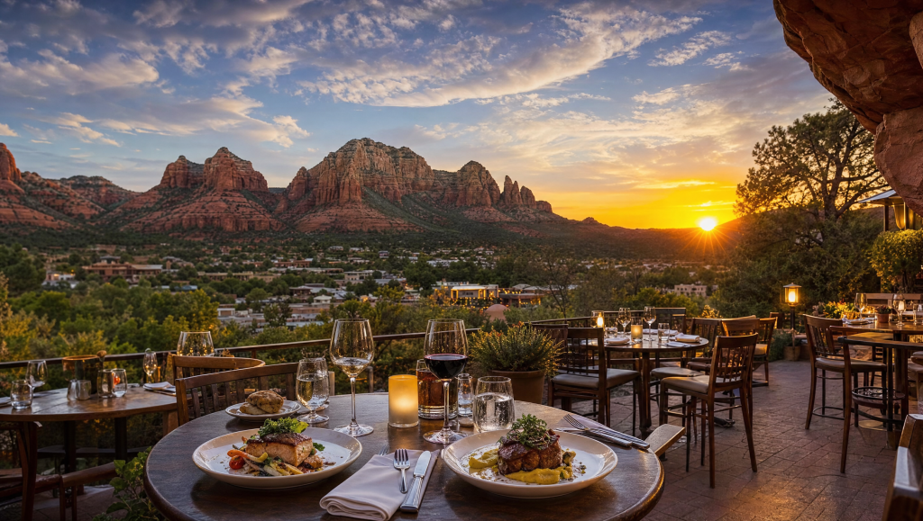 Outdoor dining terrace with panoramic red rock views at a restaurant in Sedona, Arizona.