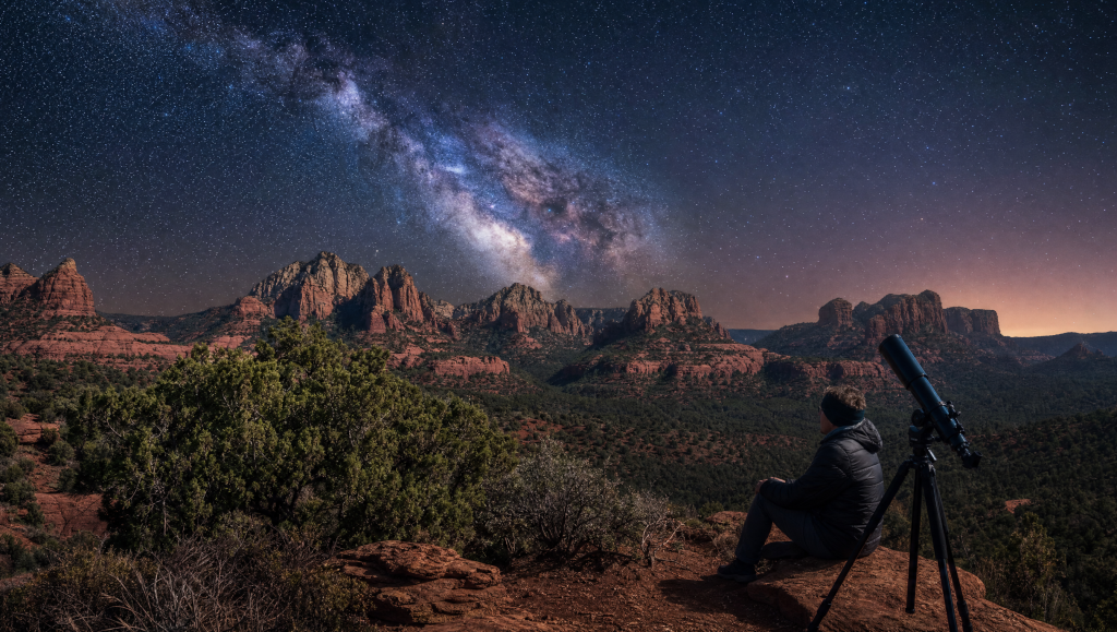 Clear night sky filled with stars and the Milky Way glowing above the desert landscape of Sedona, Arizona.