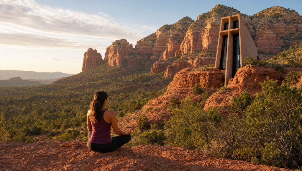Woman meditating on a red rock overlook with the Chapel of the Holy Cross in the background in Sedona, Arizona.