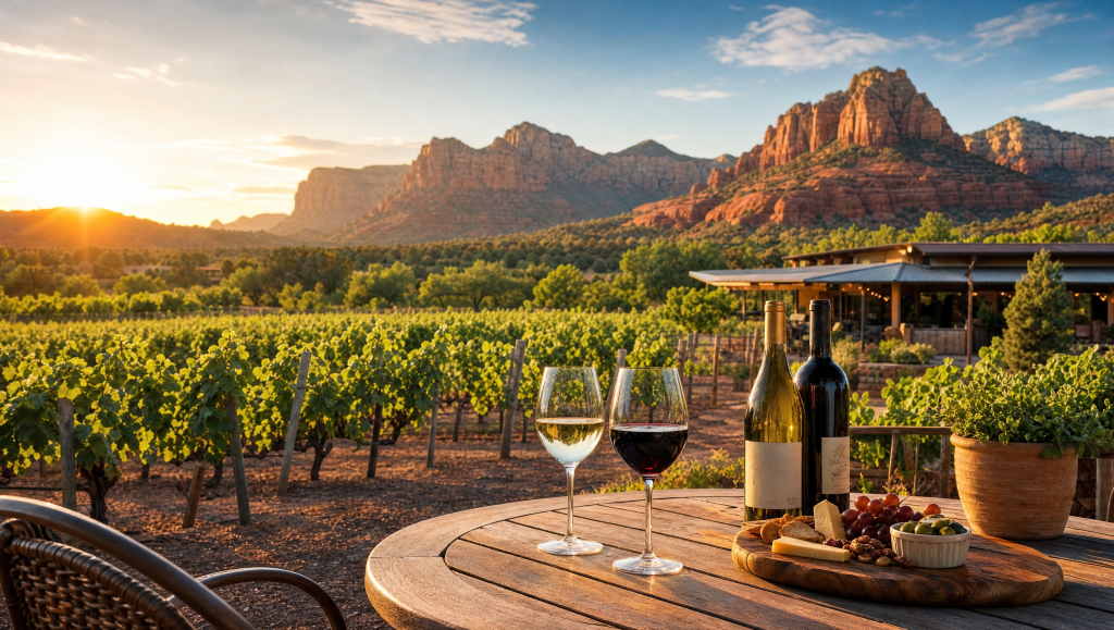 Lush vineyard rows and tasting room landscape in the Verde Valley near Sedona, Arizona.