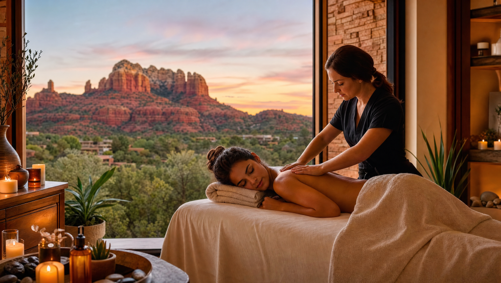 Peaceful outdoor relaxation and wellness setup with red rock views in Sedona, Arizona.