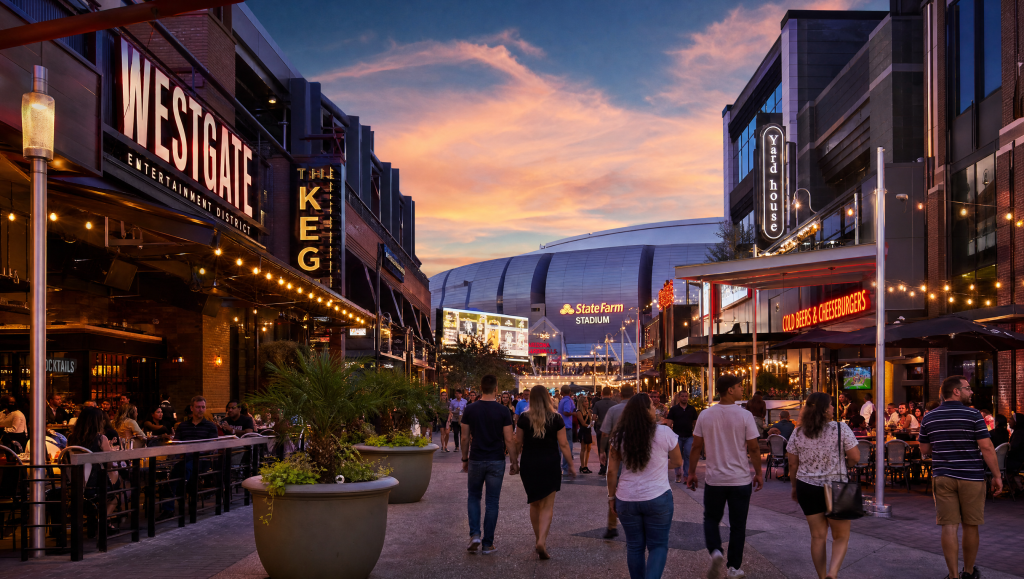 People walking through the Westgate Entertainment District at dusk with illuminated restaurant signs and State Farm Stadium in the background in Glendale, Arizona