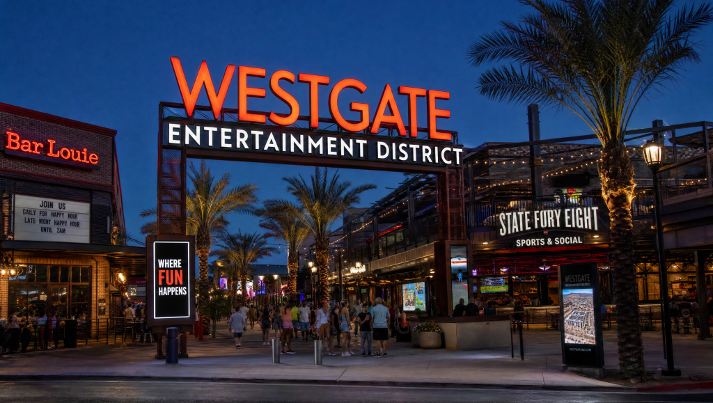 Westgate Entertainment District sign lit up at night with palm trees, sports bars, and streetlights in Glendale, Arizona