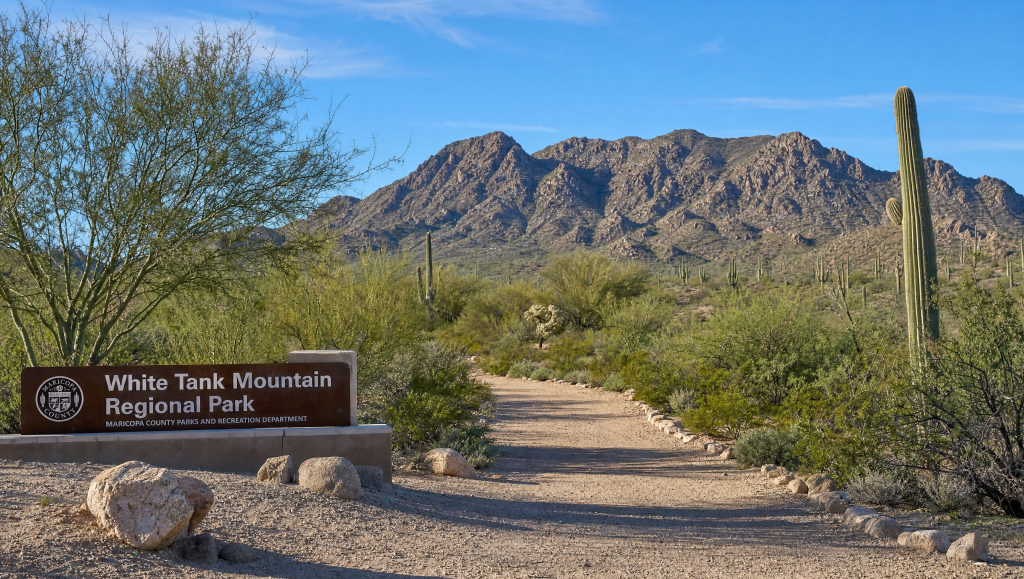 Stone entrance sign for White Tank Mountain Regional Park beside a wide dirt trail surrounded by desert vegetation, saguaro cacti, and mountains under a bright sky.
